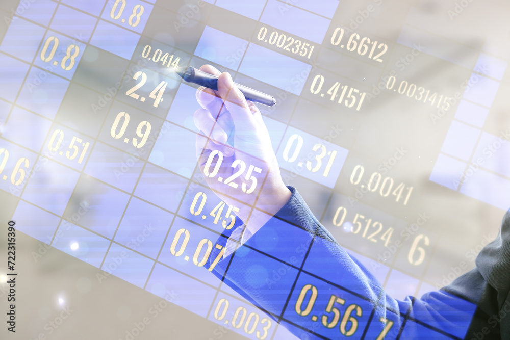 Poster Multi exposure of male hand with pen working with abstract statistics data hologram interface on blurred office background, computing and analytics concept