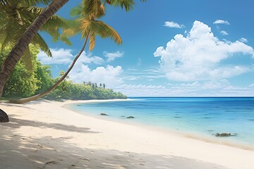 Tropical beach with palm trees and blue sky, - obrazy, fototapety, plakaty