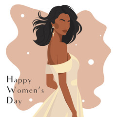 Vector flat illustration of a beautiful African woman in a stylish flowing dress with bare shoulders. International Women's Day greeting card template in pastel colors.
