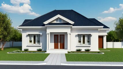 Fototapeta premium Modern, single-story house, white exterior, black roof, suburban home, 3D rendering, residential architecture