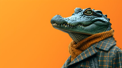Elegant Alligator in Suit on Vibrant Orange Background