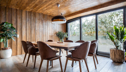 Fototapeta premium Warm Minimalism: Wood Dining Table and Brown Leather Chairs in a Room with Abstract Wood Ceiling Detail