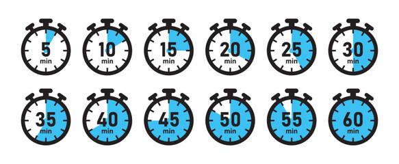 5-minute time counter concept set of clocks or stopwatches vector image in blue color. Cooking time symbols and labels - Vector Icon