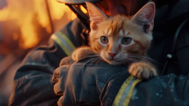 Brave fireman rescued redhead cat from fire. Firefighter hero save orange pet. Terrible emergency. Dangerous profession. Heroic flame fighter extinguish burning house. Courageous rescuer saving life.
