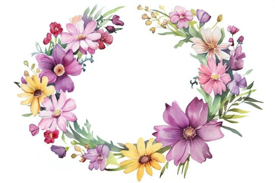 Watercolor floral wreath with pink and purple flowers,  Hand painted illustration