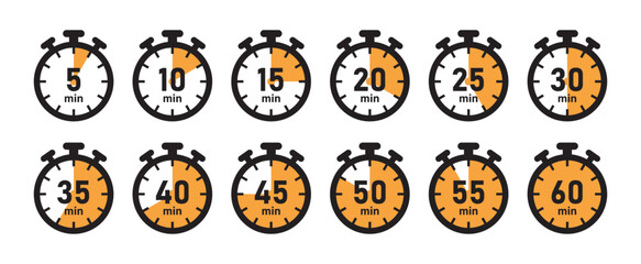 5-minute time counter concept set of clocks or stopwatches vector image in orange color. Cooking time symbols and labels - Vector Icon