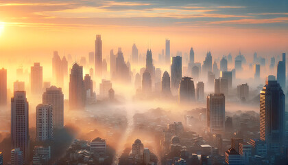 Tranquil City Dawn: Serene Urban Landscape with Skyscrapers Captured at the Golden Hour, Featuring a Misty Morning Skyline and Pastel Sunrise	
