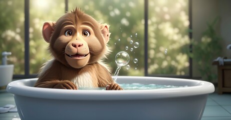 Playful primate Adorable 3D baboon taking a bubble bath in modern tub - obrazy, fototapety, plakaty