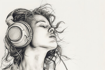 Portrait of beautiful young woman listening to music with headphones. Digital painting. - obrazy, fototapety, plakaty
