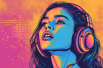 Beautiful girl with headphones listening to music. Pop art   illustration. - obrazy, fototapety, plakaty