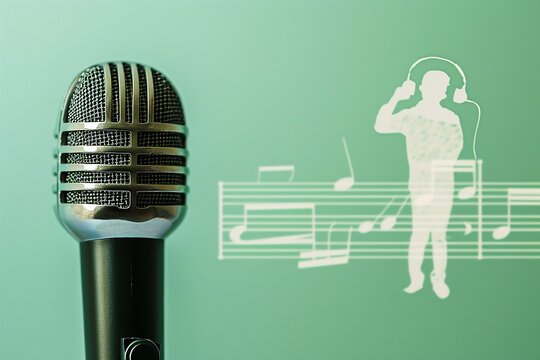 Microphone with music notes and silhouette of a man on a green background Banner with copy space