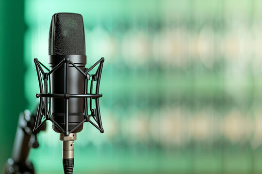Professional microphone on stand against blurred background, closeup. Space for text 