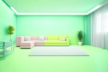 A simple, minimalist room interior in the Soft Pop style with pastel colors and a clean, light green background