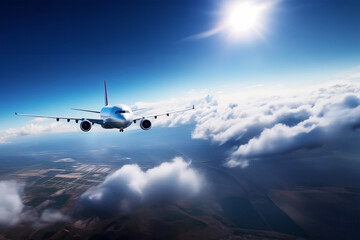 Airplane is flying over the beautiful clouds. Landscape with passenger airplane in low clouds, blue sky. aircraft. Business travel. Commercial plane. Aerial view. Place for text banner