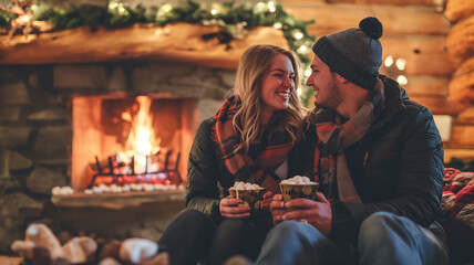 A romantic couple spending time together by the fireplace on Valentine's day