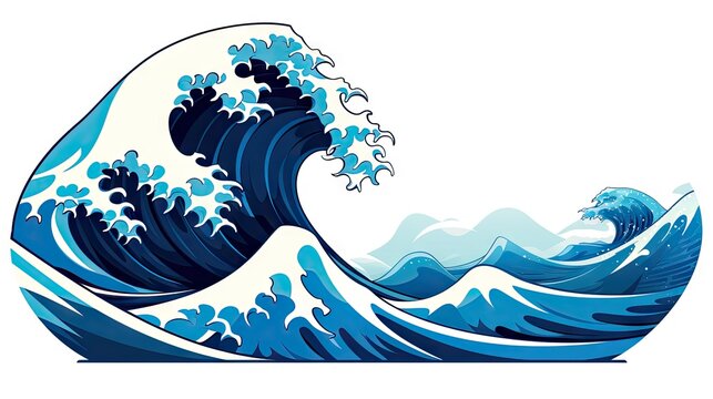 a dramatic image of a tsunami wave in cartoon style, showcasing a big blue sea wave as a cataclysm color icon.