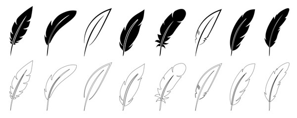 Feather set icons, quill feather silhouette, plumelet collection, bird feather signs – vector - obrazy, fototapety, plakaty