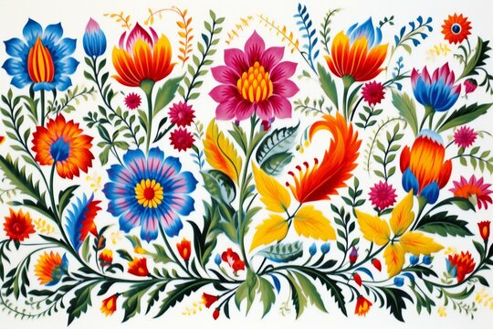 Russian folk art painting on white background, Colorful flowers and leaves © Lucid