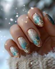 Winter Beige-Aquamarine Manicure on Perfect Long Nails