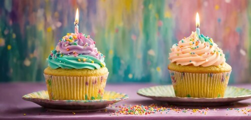 Cupcake with birthday candle. Generative AI - obrazy, fototapety, plakaty