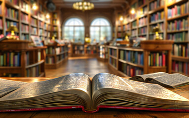 Obraz premium Academic Library Filled with Education and Literature: Bookshelves with Textbooks and Open Books, Symbolizing Wisdom and Study