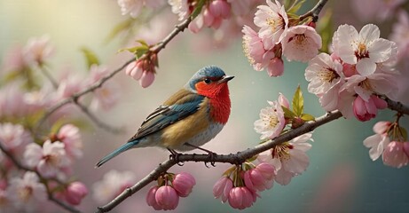 Cherry delight Tiny bird perched on blossoming tree branch in spring