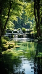 Obraz premium Serene park scene with cascading waterfall surrounded by lush greenery in nature