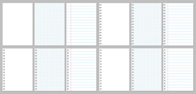 Realistic Paper Sheets Set, Different Mockup Sheets Of Paper, Torn Sheet Of Paper From A Notebook With Lines, Squares And Shadows, Notebook Or Book Page - Vector