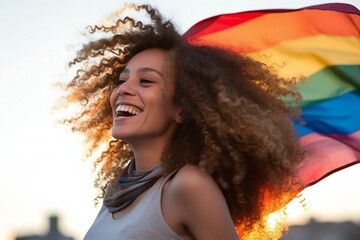 Portrait of a beautiful young african american woman with rainbow flag outdoors - Powered by Adobe