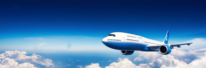 Airplane is flying over the beautiful clouds. Landscape with passenger airplane in low clouds, blue sky. aircraft. Business travel. Commercial plane. Aerial view. Place for text banner