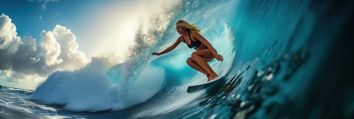 Woman surfer riding the waves in the ocean - Powered by Adobe