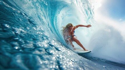Woman surfer riding the waves in the ocean