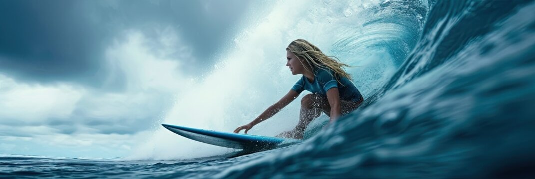 Woman surfer riding the waves in the ocean
