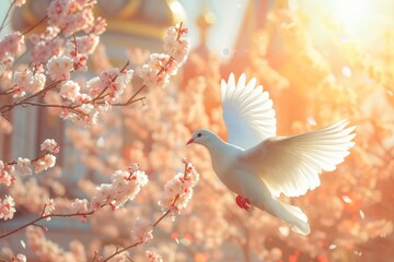 a white dove is flying in the sky in light sun rays - obrazy, fototapety, plakaty