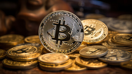 Selective focus of golden bitcoins with a pile of gold coins. investing in cryptocurrency