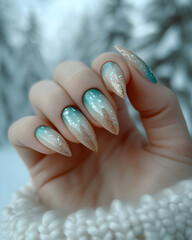 Winter Beige-Aquamarine Manicure on Perfect Long Nails