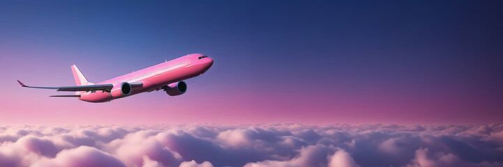pink colored airplane is flying over the beautiful clouds. Landscape with passenger airplane in blue sky. aircraft. Business travel. Commercial plane. Aerial view. Place for text banner. Copy space