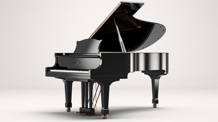 Black grand piano on a white background. 3D rendering. 3D illustration.