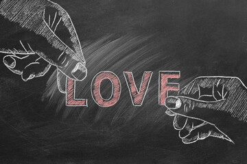 The hand of a man and the hand of a woman united the word LOVE. Chalk drawn illustration. Fall in love, declaration of love