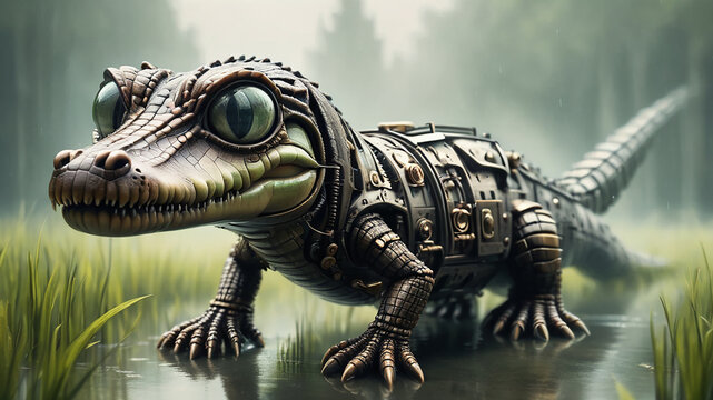 A baby alligator in the swamp, steampunk