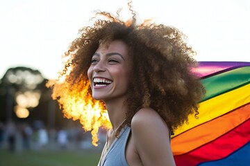 Portrait of a beautiful young woman with curly hair and rainbow flag