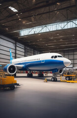 Passenger airplane on maintenance of engine and fuselage check repair in airport hangar. Inside aerospace hangar. Large passenger aircraft on service in an aviation hangar