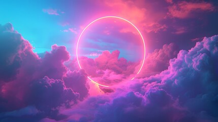 Mystical Neon Circle Amidst Dreamlike Clouds