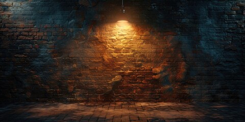 Dark room witih brick wall and light hanging over