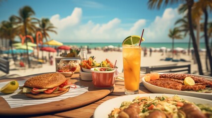 American fast food on the background of the beach. Food photography. American cuisine concept