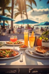 American fast food on the background of the beach. Food photography. American cuisine concept