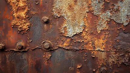 A decaying beauty, the rusty metal surface adorned with bolts and nuts creates an abstract display of the passing of time and the inevitability of decay