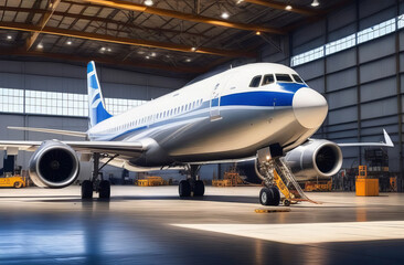Passenger airplane on maintenance of engine and fuselage check repair in airport hangar. Inside aerospace hangar. Large passenger aircraft on service in an aviation hangar