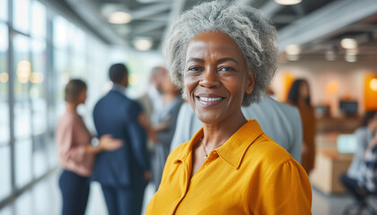 An African-American elderly woman enjoying retirement and multinational colleagues who congratulate her against the background of a modern office