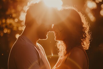 Amidst the glowing sun and vibrant backlighting, a couple's passionate kiss is illuminated by their playful face paint, symbolizing their undying love for each other in the great outdoors